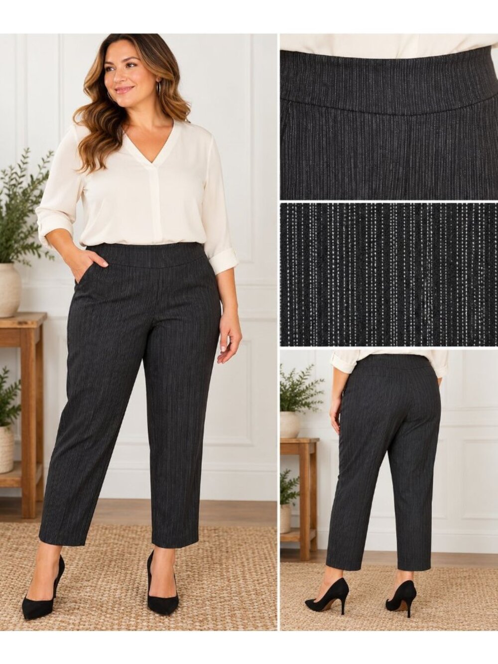 Zac & Rachel Woman Plus Size Black Silver Stripe Pull On Ankle Pants Size 24W